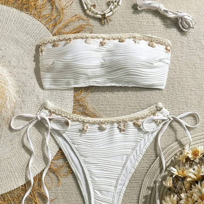 XS-XL Bandeau Wrinkled High Cut Bikini Set Shell Ornament Two Piece Swimsuit Summer Beach Pool Vacation Bathing Suit