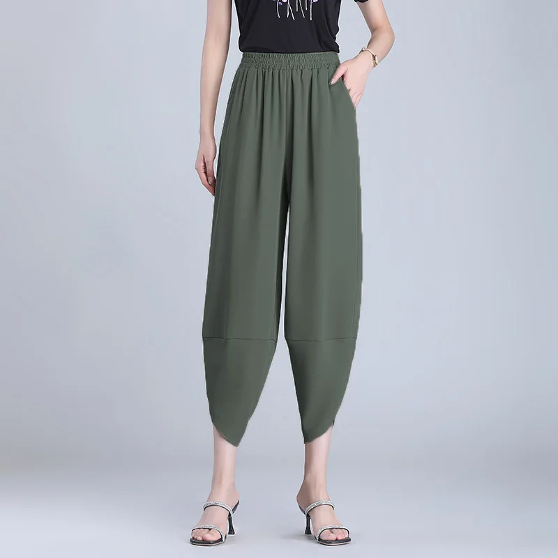 Summer 2024 New Women's Elastic High Waist Fashion Splicing Solid Color Pocket Loose Octave Carrot Lantern Harlan Casual Pants