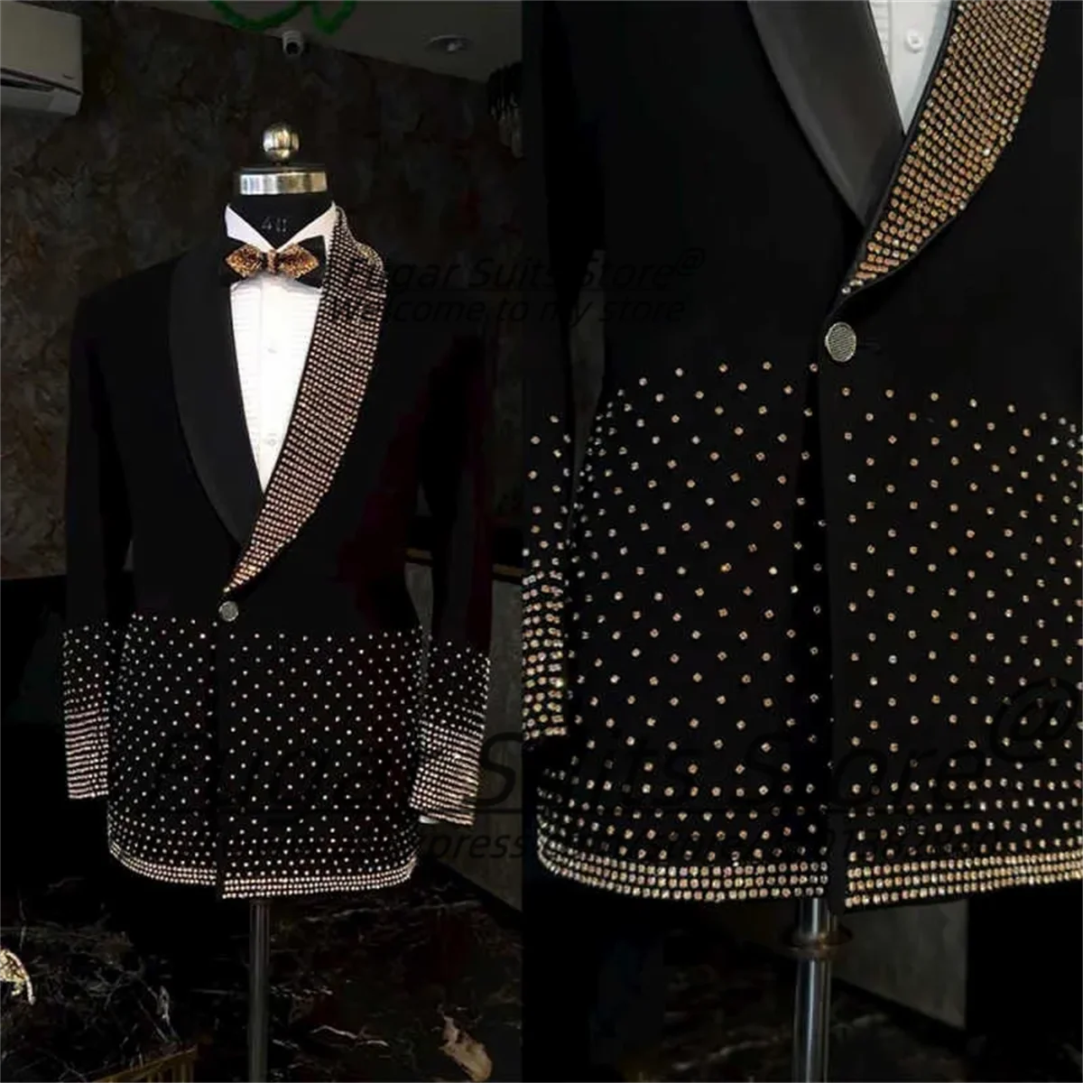 

Luxurious Wedding Tuxedos Beaded One Button Shawl Lapel Men Suit Exquisite 2 Piece Set Evening Party Customized Male Blazers