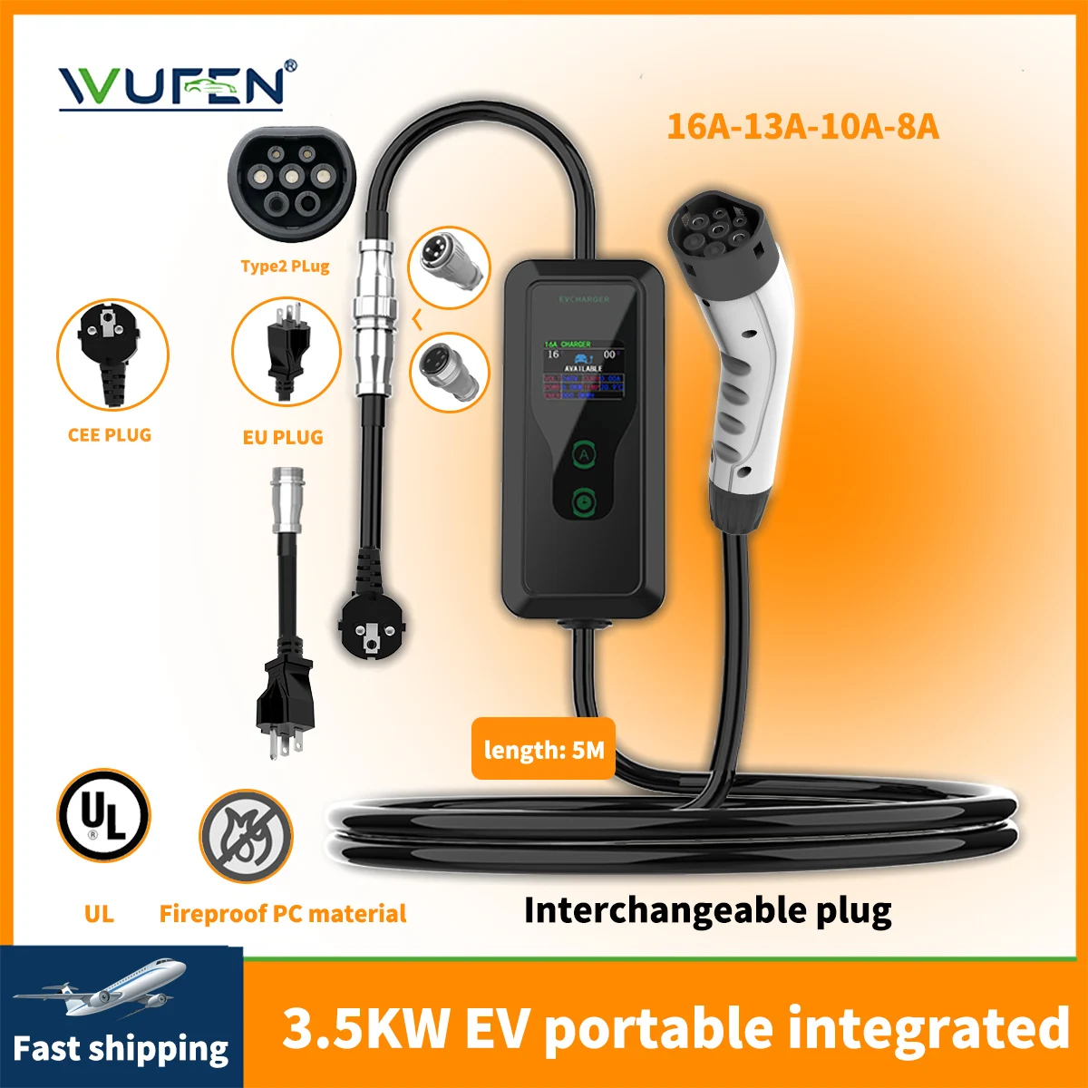 

Портативное зарядное устройство для электромобилей WUFEN со сменной вилкой США/ЕС Type2 IEC 62196, зарядное устройство для электромобилей 3,5 кВт, 16 А, 1 фаза, быстрая зарядка EVSE
