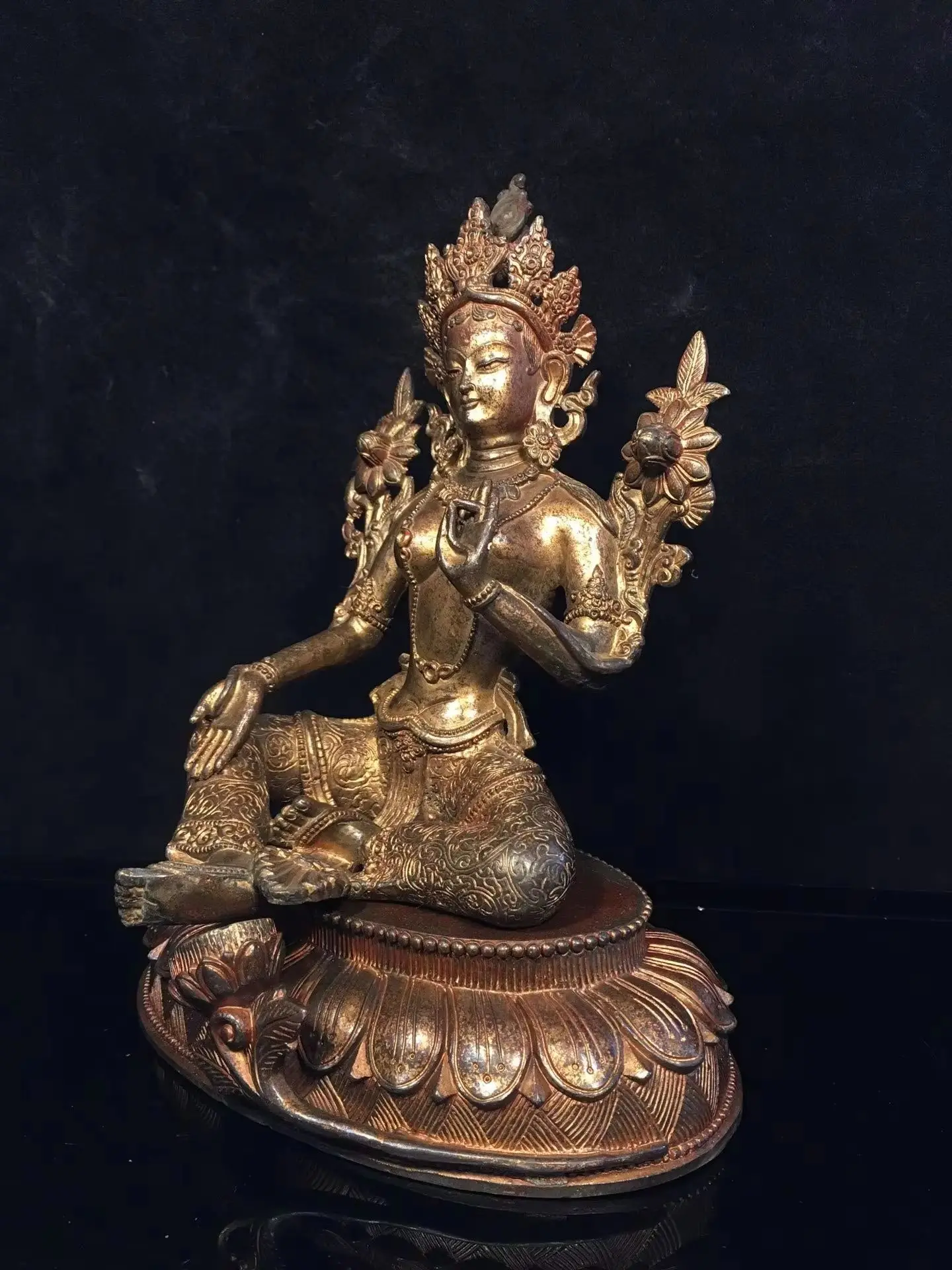 10 "مجموعة معبد التبت البرونزية القديمة الزنجفر الطين الذهب الأخضر تارا بوديساتفا لوتس منصة قاعة العبادة تاون هاوس