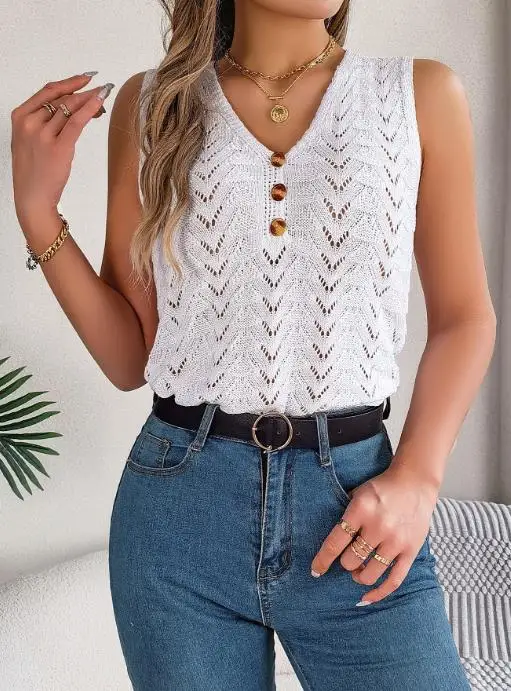 

Summer Button V-Neck Hollow Out Sleeveless Top with Vacation Style Button Knit Hollow Out Solid Color Sleeveless Vest Top