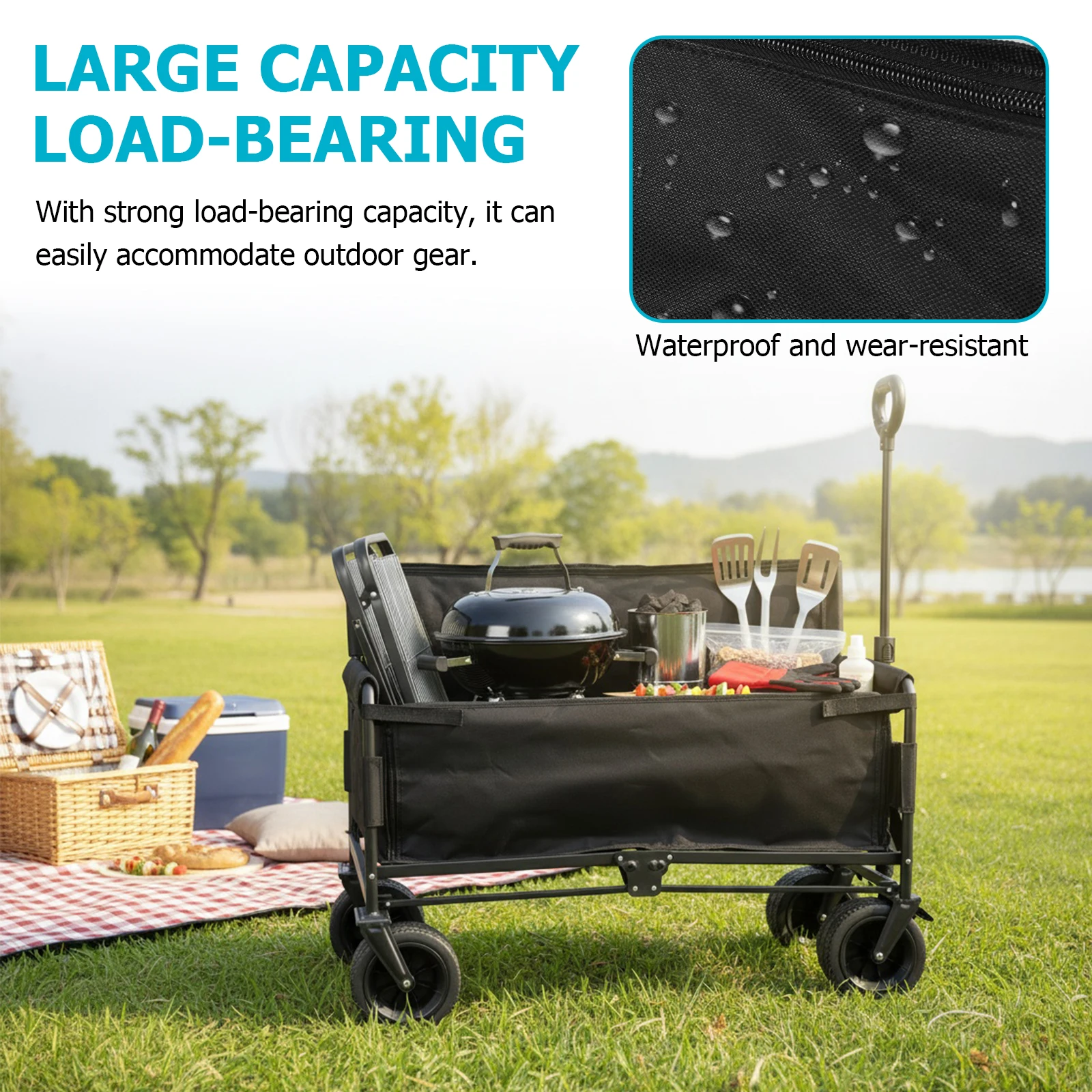 

265LBS Foldable Extended Wagon Heavy Duty Folding Beach Wagon with Wheels for Camping Sports Outdoor Activities Black