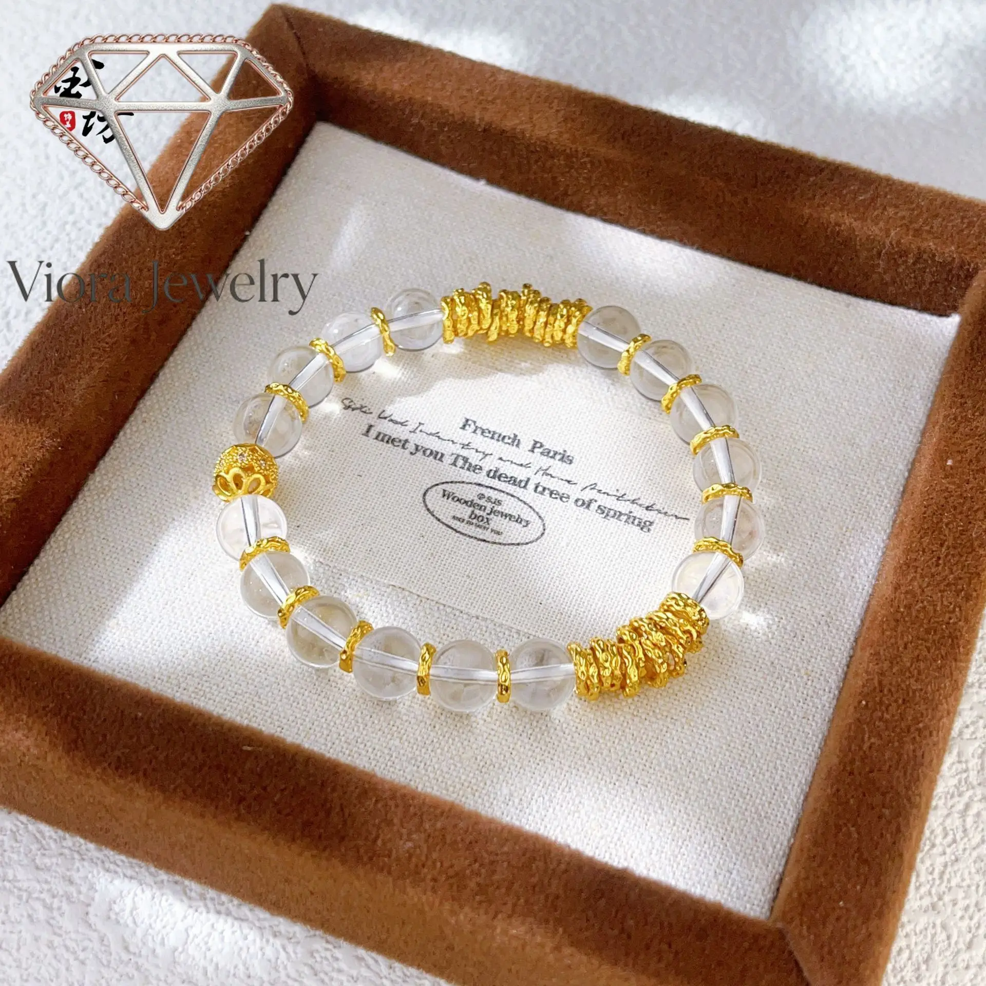 Viora Jewelry Ancient method 9999 24K real gold disk-wrapped running ring white crystal bracelet spacer DIY original design vers