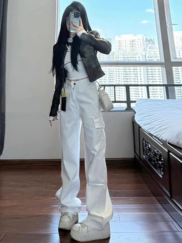 

High Waist Wide Leg Workwear Jeans Women's plus Size American Style White Denim Casual Trousers for plus Size Women