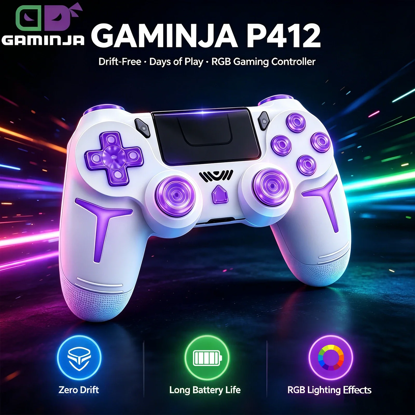 GAMINJA RGB Wireless Gamepads LED Light Bluetooth Game Controller For PS4 PS3 Console Computer PC 6axis Gyroscope Dual Vibration