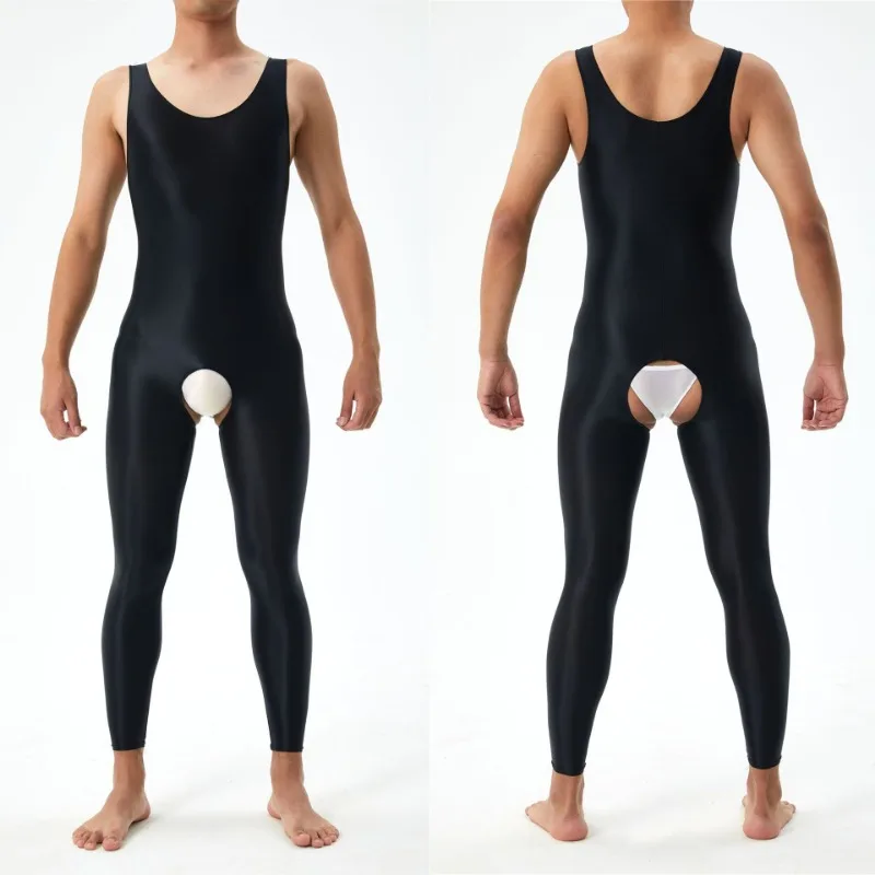 Mono Sexy de entrepierna abierta para hombre, ropa de dormir brillante, sin mangas, pijama transparente de satén liso, mono ajustado