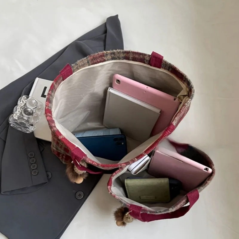 Schouderriemontwerp, elegante handtas met hanger, geruite schoudertas met twillstof met grote capaciteit, collegestijl