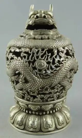 Tibet Silver Hand carved Dragon plate Incense Burner Tengyun driving fog Censer