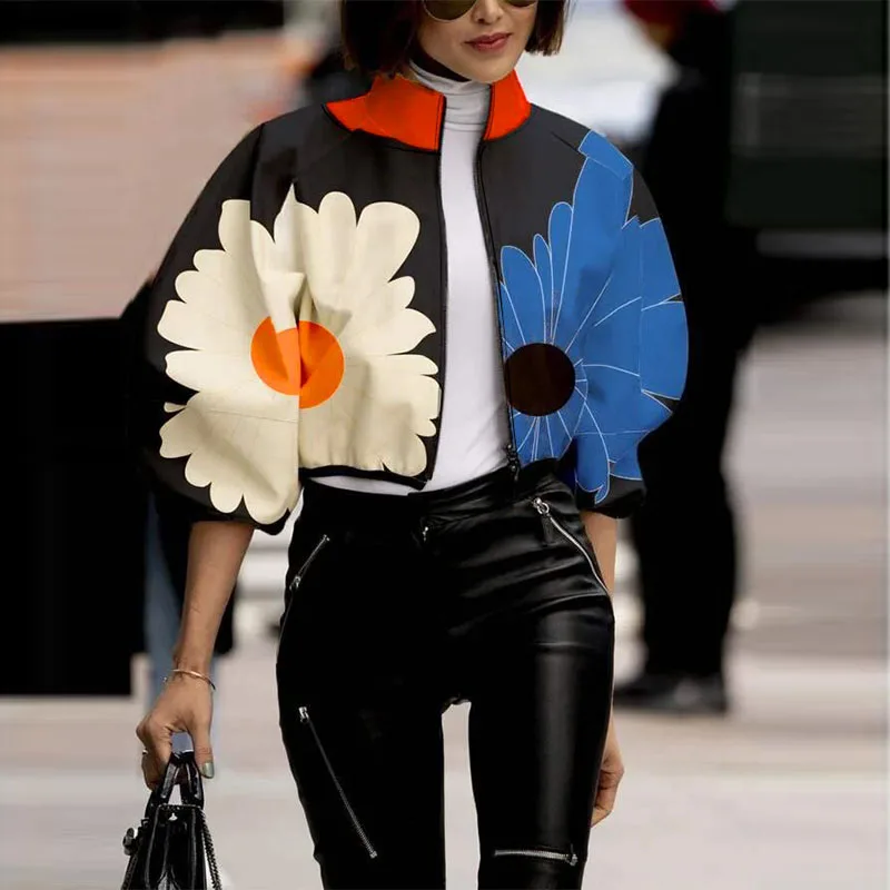 Manches longues automne femmes haute rue balle vêtements d'extérieur à pois imprimé col montant grande veste élégant fermeture éclair manteau court femmes haut