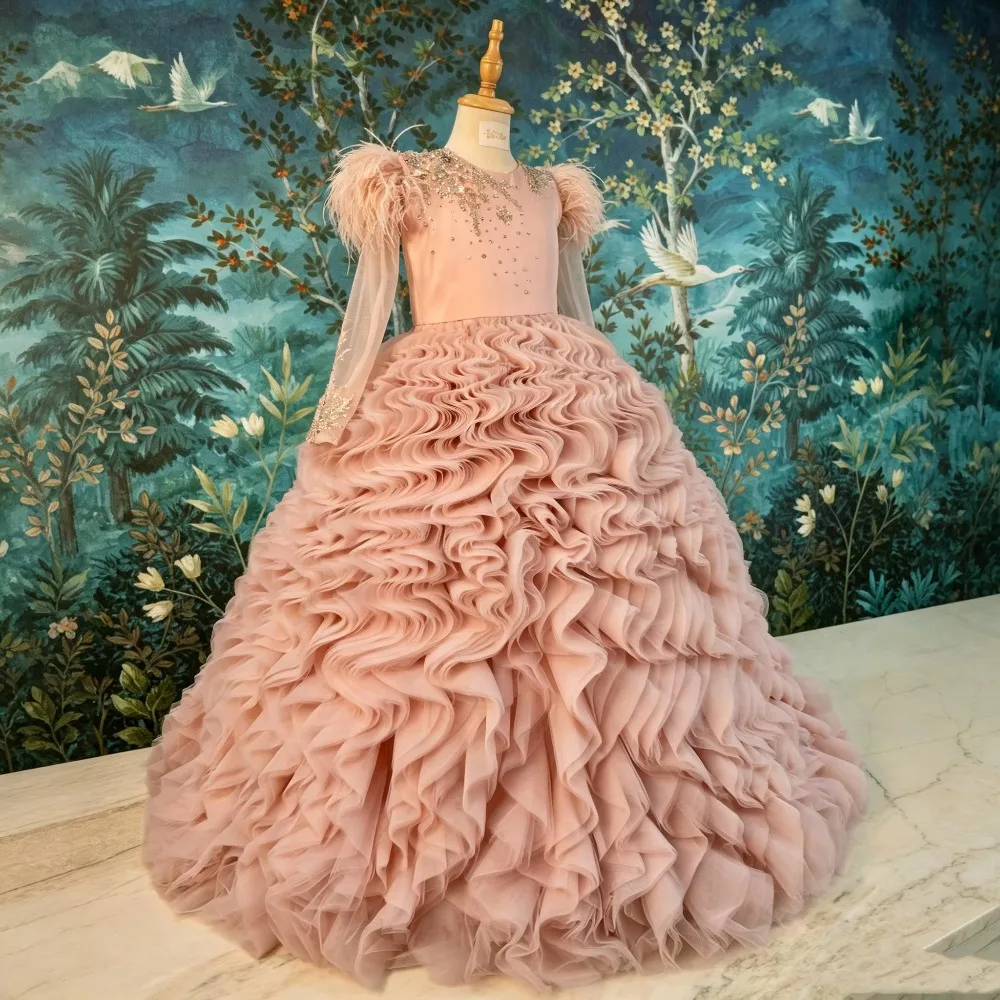 Custom Luxury Dress Women Wedding Guest Dress Flower Girl Wedding Gown Birthday Party Pageant Runway Blush Pink Feather Ruffle