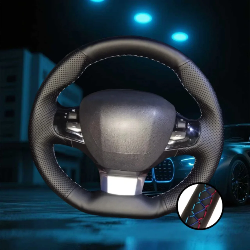 Car Steering Wheel Cover Hand-Sewn Genuine Leather For Peugeot 307 308 408 508L 2008 3008 4008 2014-2017 Interior Accessories