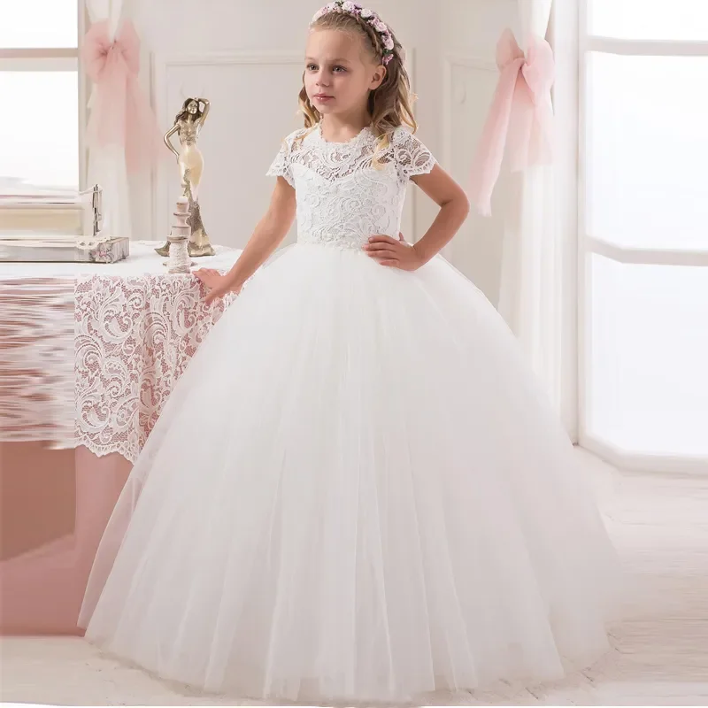 

2024 White Lace Ball Gown Flower Girl Dress For Wedding Princess Girls Pageant Dress Short Sleeve Kids Vestidos De Comunion