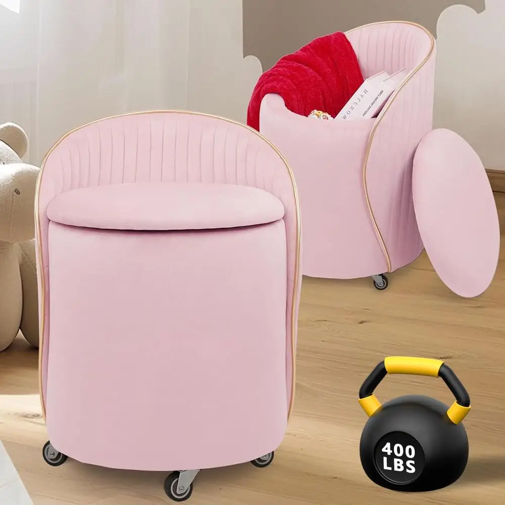 Velvet Upholstered Storage Ottoman with Swivel Wheels, Lumbar Support Vanity Stool, Ideal for Makeup, Living, or Bedroom in Pink