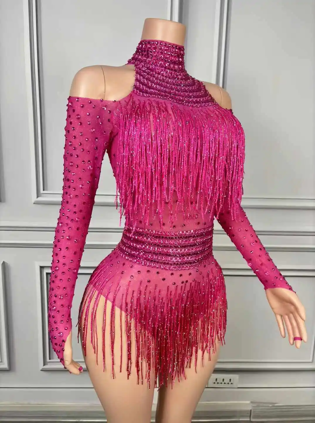 Body brilhante com franjas e strass para mulheres, preto, dourado, deusa, sênior, comemoração de las vegas, show, drag queen