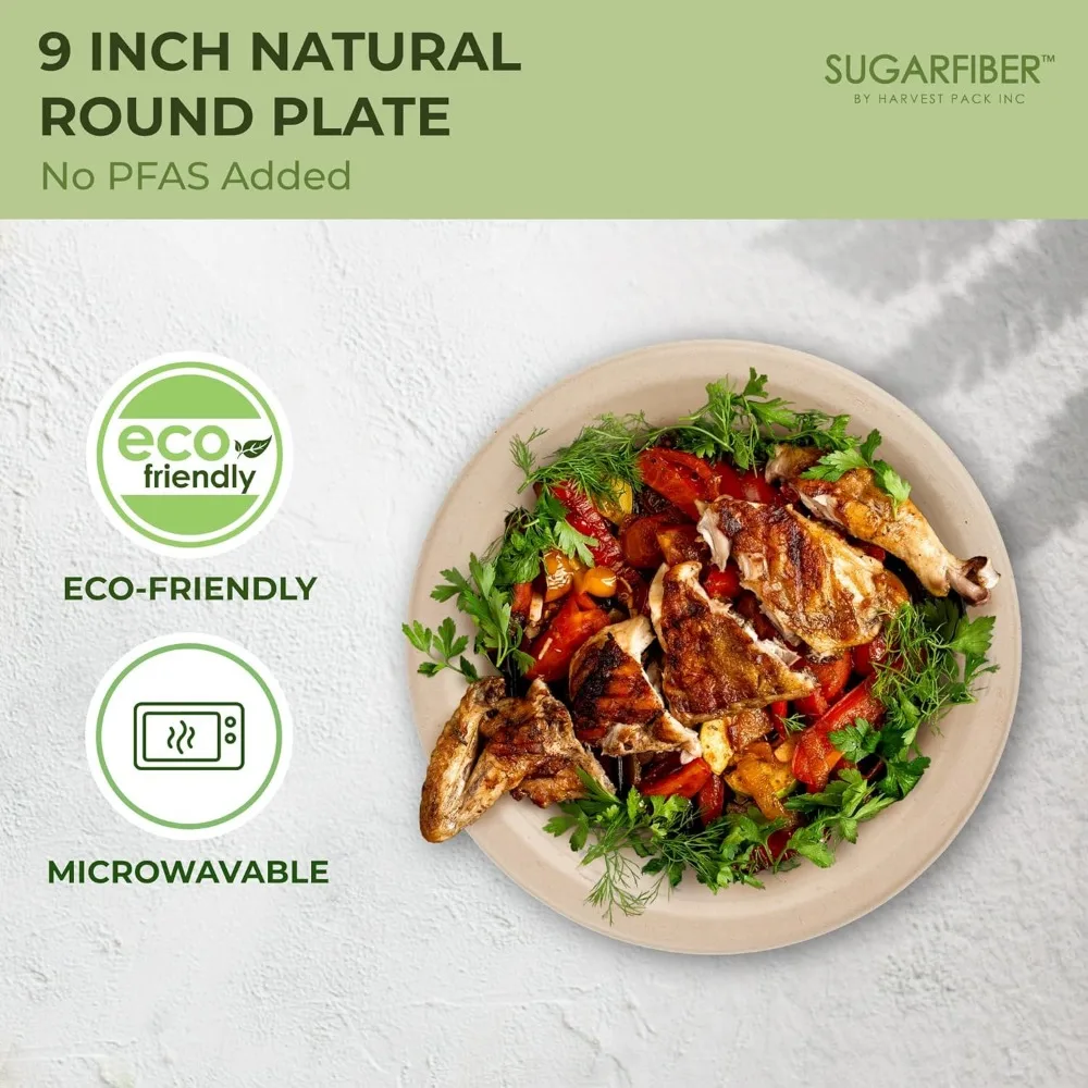 أطباق ورقية قابلة للتحلل مقاس 9 بوصات، مستديرة شديدة التحمل من باجاس الطبيعي، يمكن التخلص منها للمناسبات والحفلات الصديقة للبيئة #4