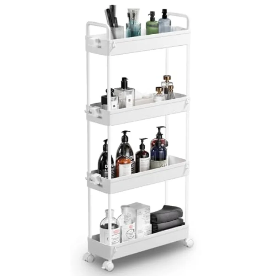 

Slim Rolling Storage Cart with Wheels 4 Tier Skinny Bathroom Storage Organizer Narrow Shelf Unit Thin Laundry Room Utility Cart