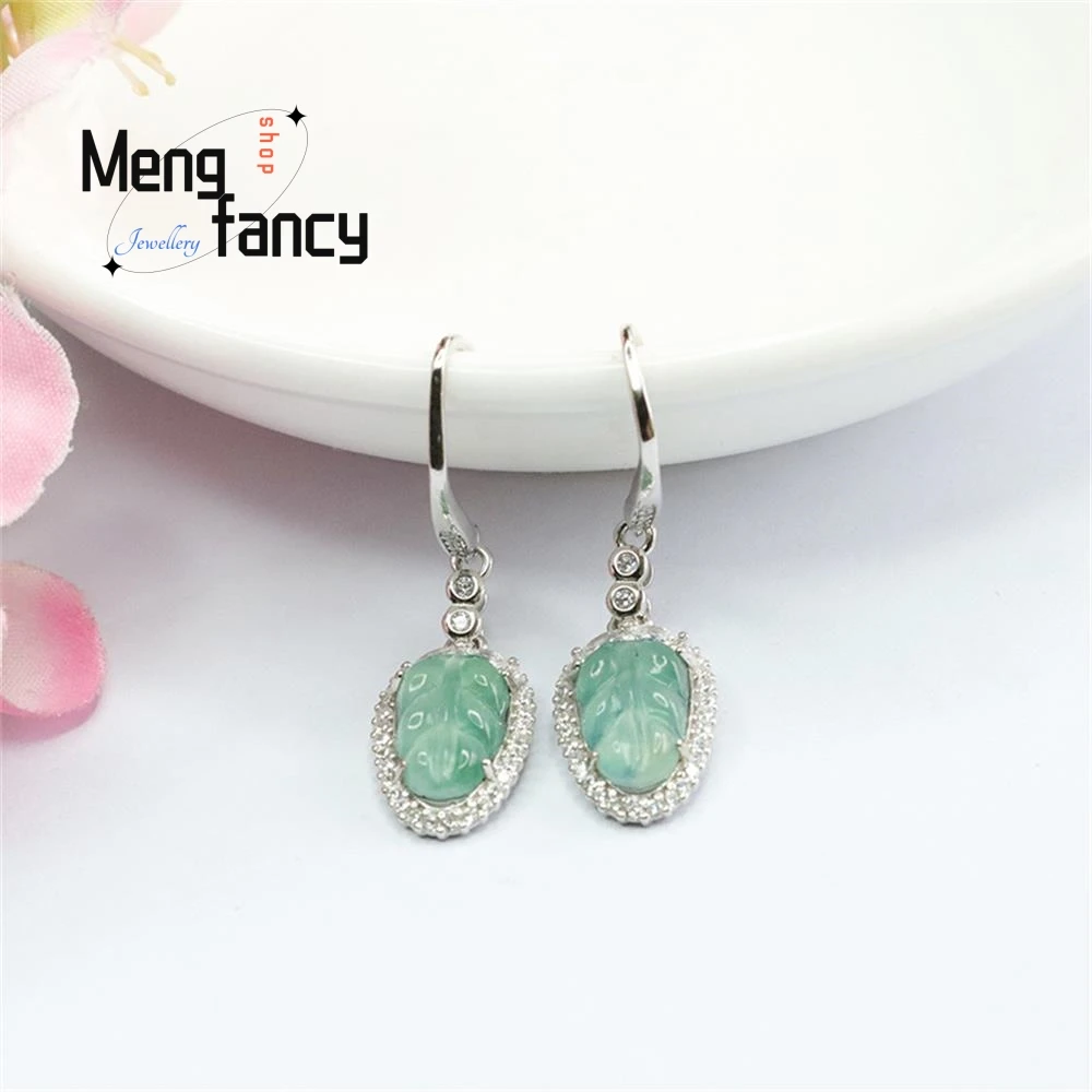 

S925 Silver Lnlaid Natural Jadeite Ice Blue Water Leaf Earrings Exquisite Elegant Simple High-grade Luxury Quality Fine Jewelry