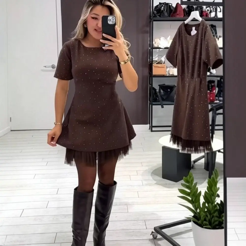Womens Sleeveless Dress Summer Square Neck Mesh Pleated Rhinestone Solid Color Elegant Slim Fit Office Casual Party Midi Gowns