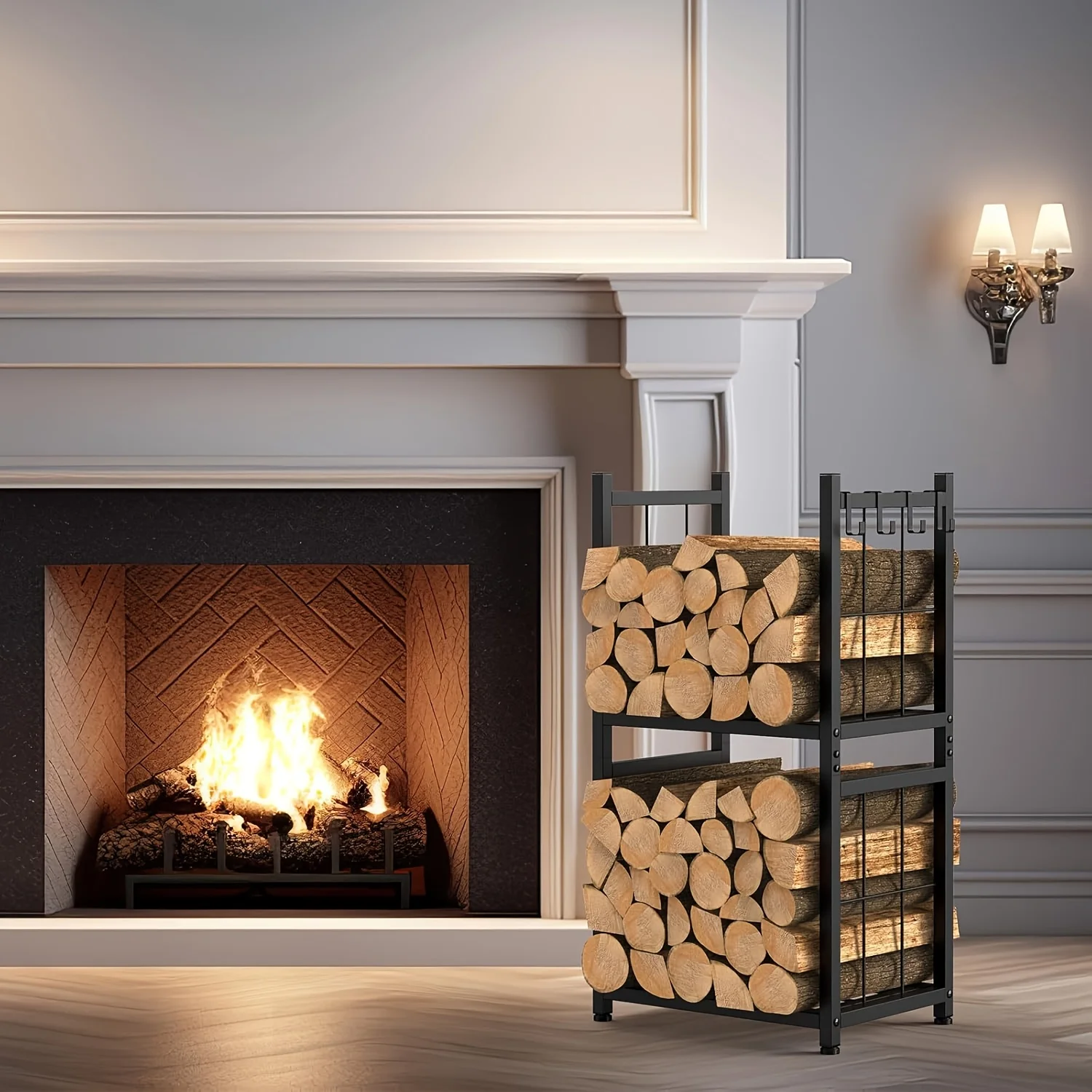 

2 level firewood rack with 4 hooks, black portable firewood rack for indoor and outdoor storage fireplace