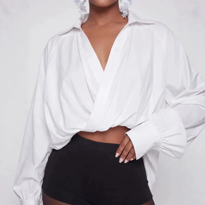 2026 Autumn. New Cross. V-neck Long Sleeve Loose-fit Asymmetrical Hem White Puff Sleeve Shirt For Women. Maxi Y2k、 Luxury