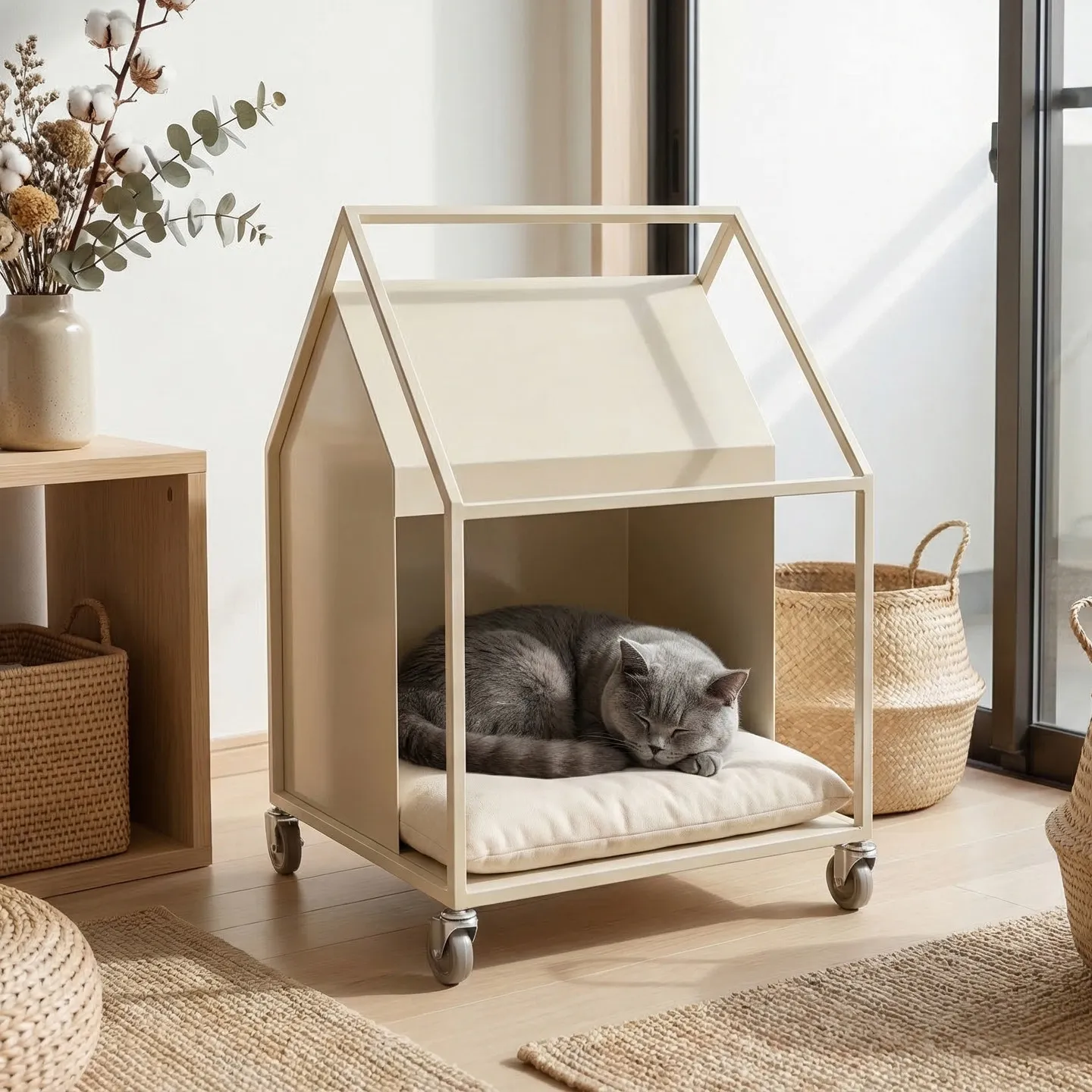 Cottage shape cat nest four seasons universal wheeled mobile pet bed cat villa cream wind can be pushed and pulled
