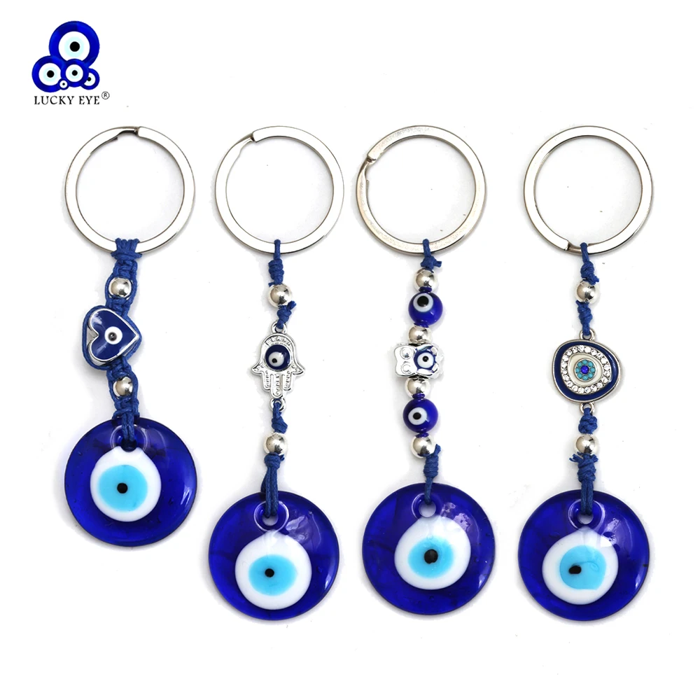 Lucky Eye Glass Round Pendant Keychain Turkish Evil Eye Charm Alloy Key Chain Bag Car Keyring llavero porte clé מחזיק מפתחות