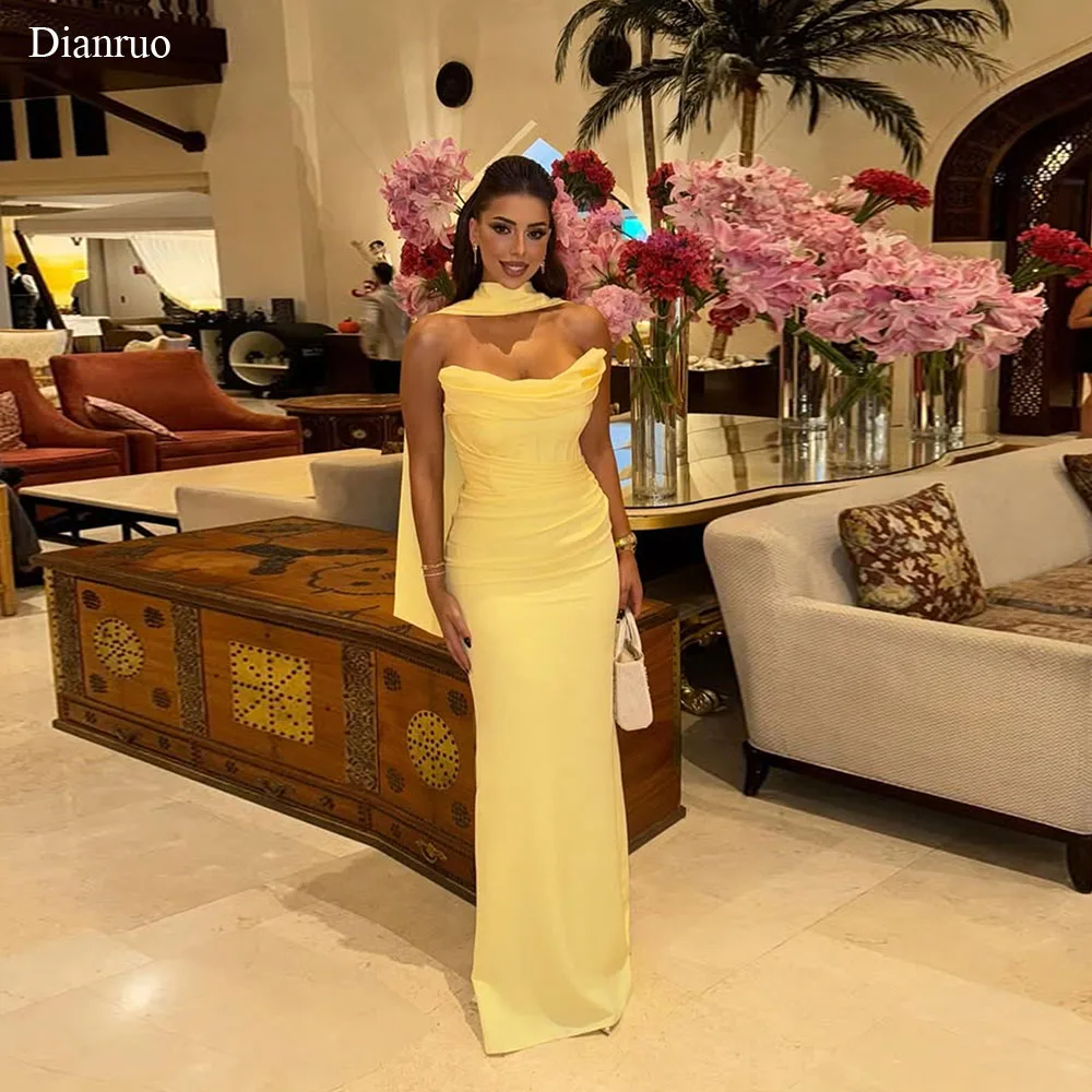 Dianruo-Vestidos De Noche De sirena amarillo, satén fruncido, sin tirantes, largo hasta el suelo, Elegantes personalizados