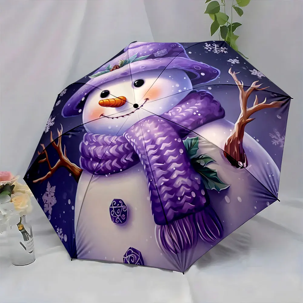 1PC Snowman Umbrella with Purple Accents and Winter Snowflakes Print 8 Iron Ribs Folding Umbrella Auto-Open Fashion Sunshade
