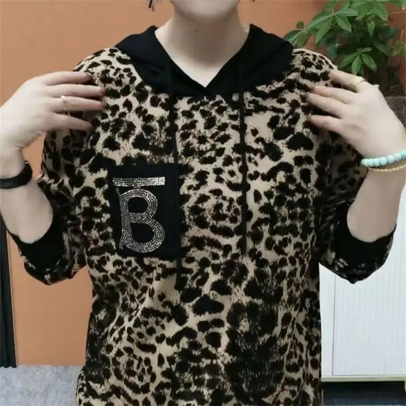 Streetwear Leopard Printed Pullovers Female Clothing Casual Hooded Drawstring Spring Autumn Fashion Letter Diamonds Sweatshirts