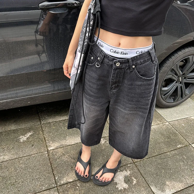 

Retro Blue Knee Length Denim Shorts Women Casual Bermuda Jeans Loose Wide Leg Pants Trendy Streetwear Summer Y2k pants 2025