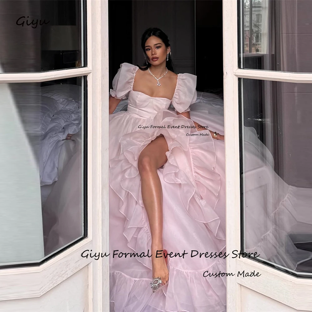 Giyu Princess Baby Pink Organza Evening Dresses Short Sleeves Square Neck Split Ruffles Wedding Party Dress Prom Gowns Korea