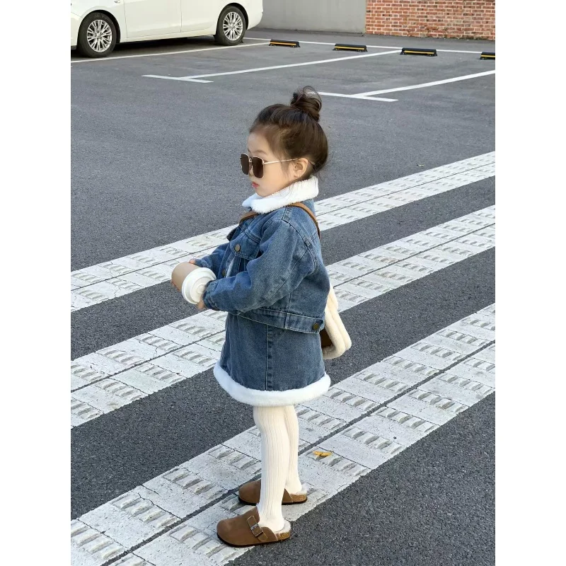 

Autumn and Winter Girls Clothing Set Korean Edition Children's Thick Denim Jacket Cotton Half Skirt Two Piece Set 80-130CM