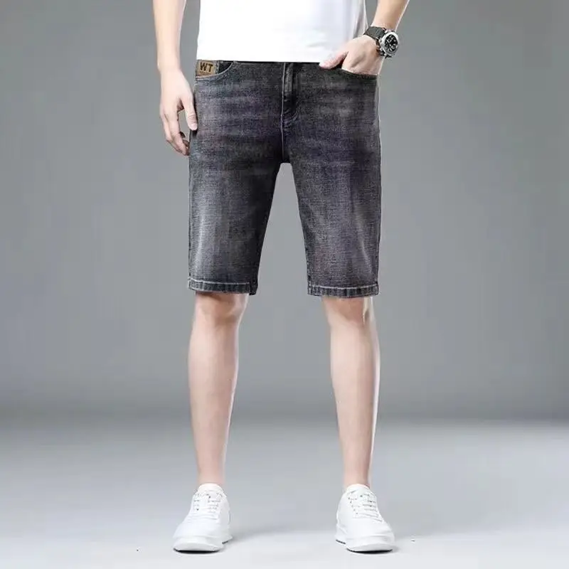 Men's Short Jeans Pants Half Bermuda Ripped Male Denim Shorts Long Straight with Text Original Thin Designer Y2k Fashion Buttons