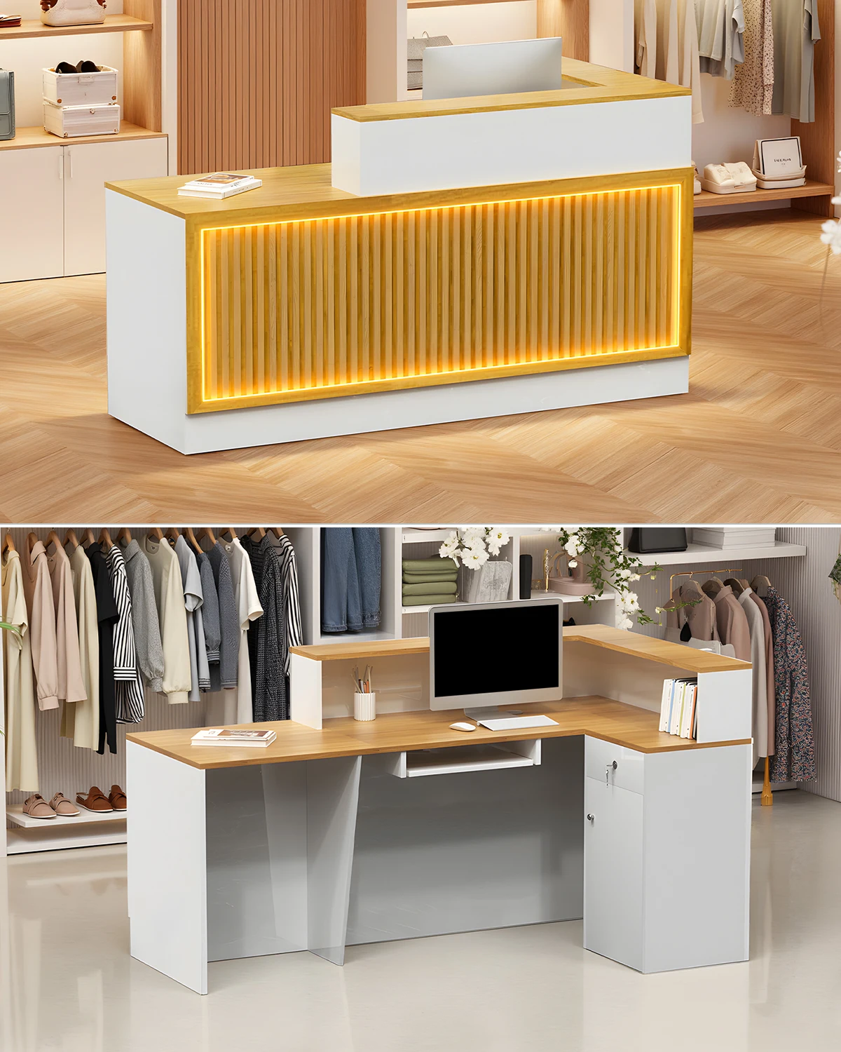 Modern Reception Desk, Solid Wood Reception Desk with Counter, Check Out Stand with Lockable Drawer & Cabinet