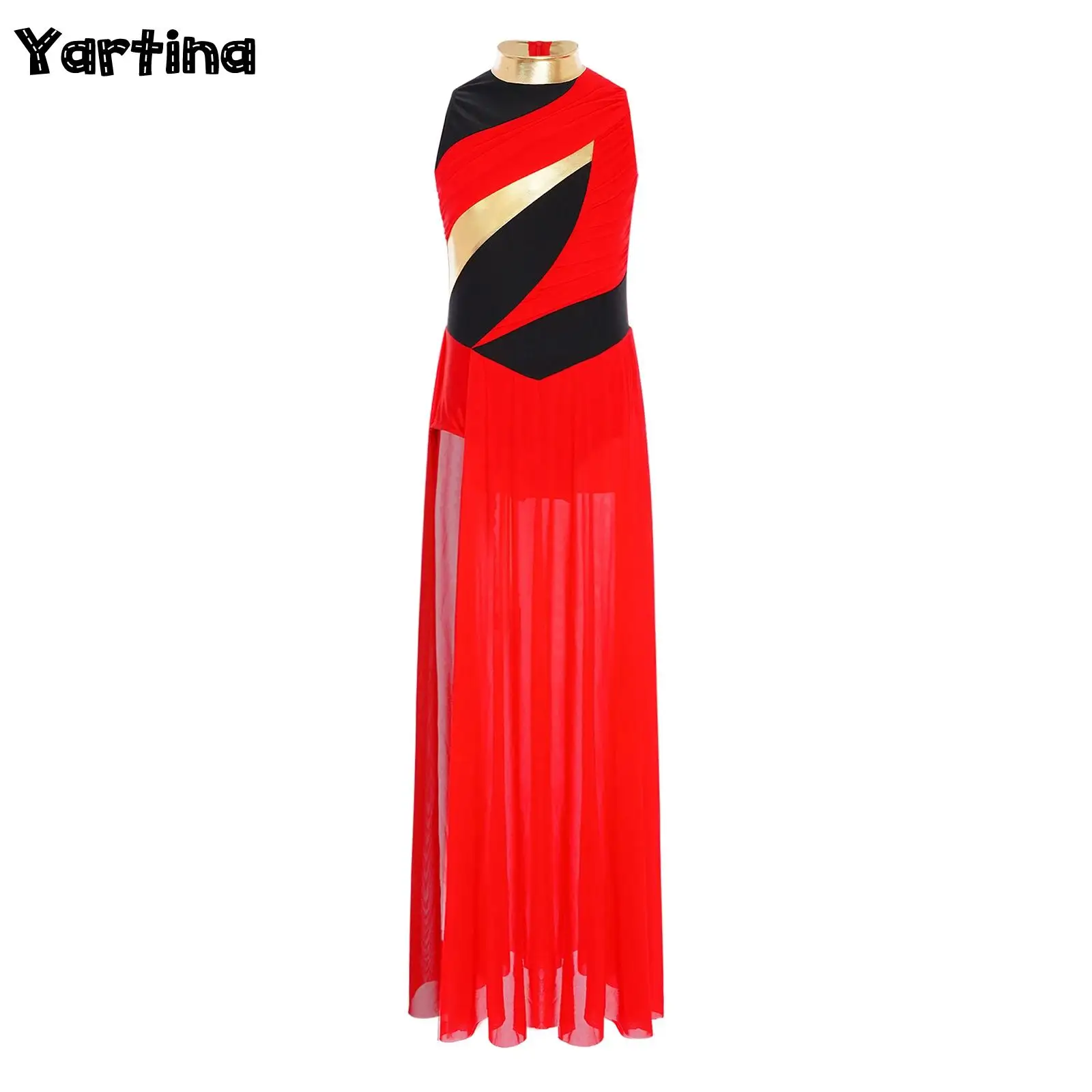 

Kids Girls Gymnastics Artistic Modern Contemporary Zipper Ruched Mesh Overlay Bodice Side Split Lyrical Ballet Dance Dress