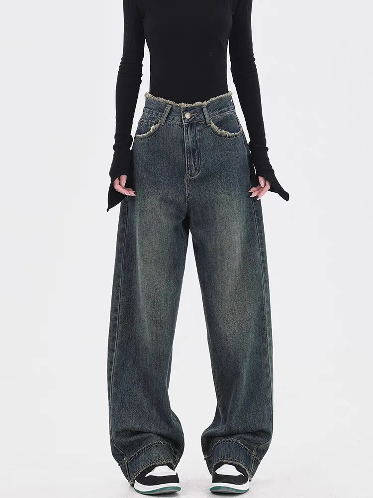 

New Washed Vintage Jeans for Women with Frayed Hem Design, Wide-Leg Casual Pants