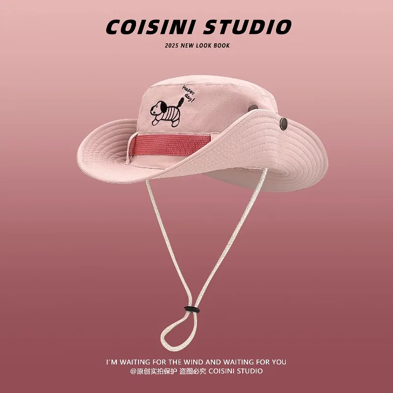 

Cute Puppy Embroidery Pink Bucket Hats Women Summer Outdoor Travel Sun Protection Versatile Casual Drawstring Hiking Caps Men