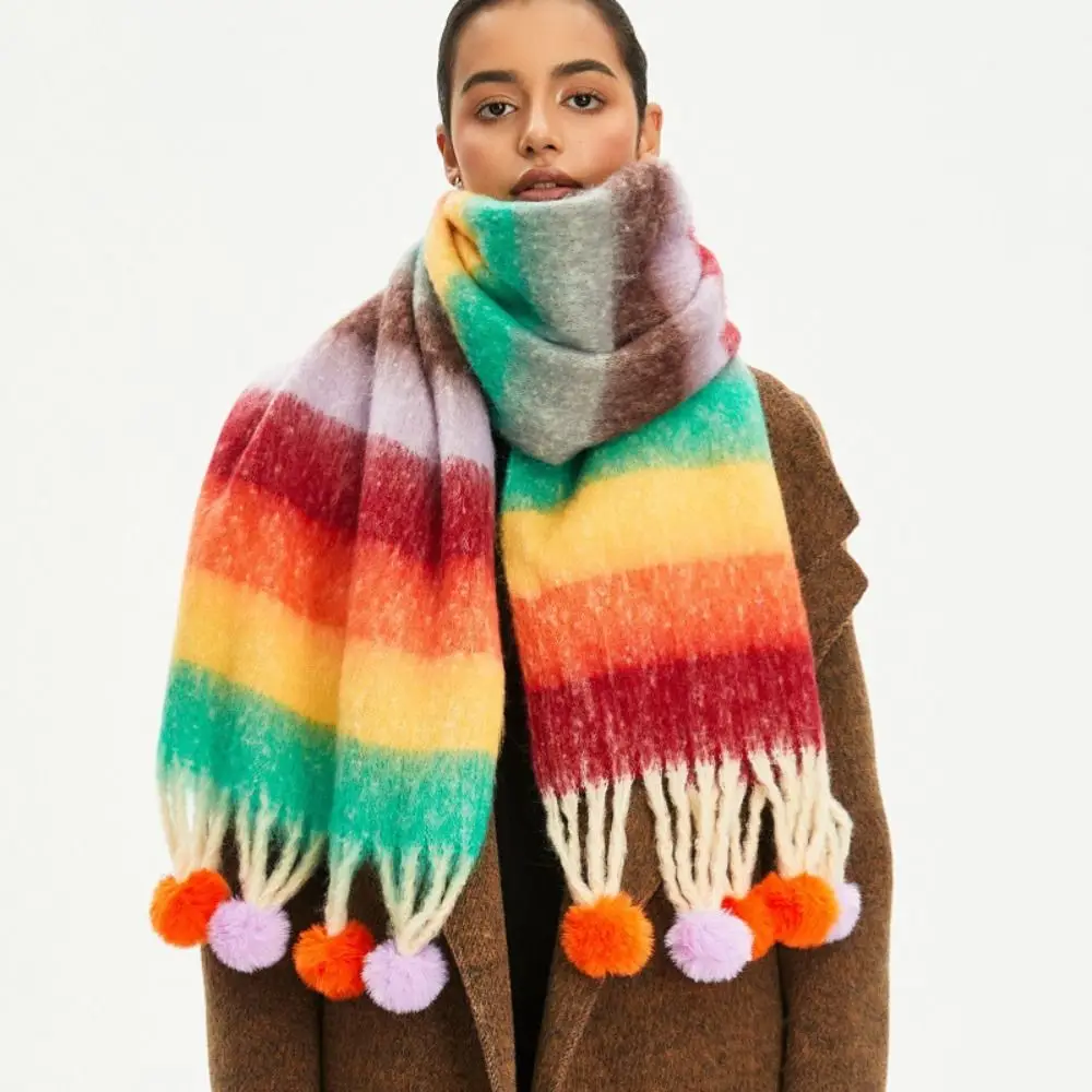 Mohair Plaid Wool Scarf Rabbit Fur Ball Loop Yarn Rainbow Tassel Shawl Korean Style Imitation Cashmere Women Cape Autumn Winter