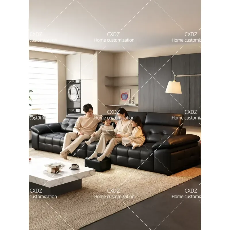 Minimalist Black Leather Sofa for Living Room Straight First Layer Cowhide Home Furniture