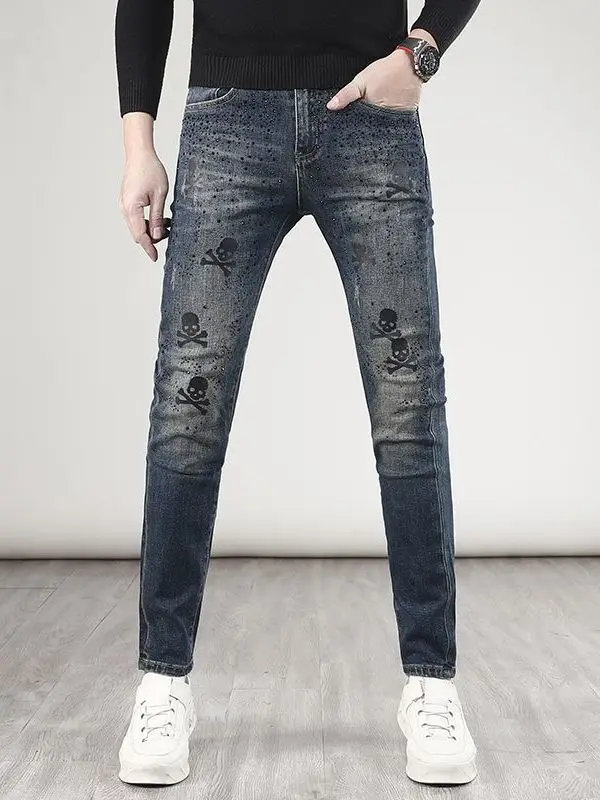 

Мужские джинсы премиум-класса слим-фит с стразами, выцветшие, повседневные, с принтом, эластичные, удобные, длинные брюки для весны и осени