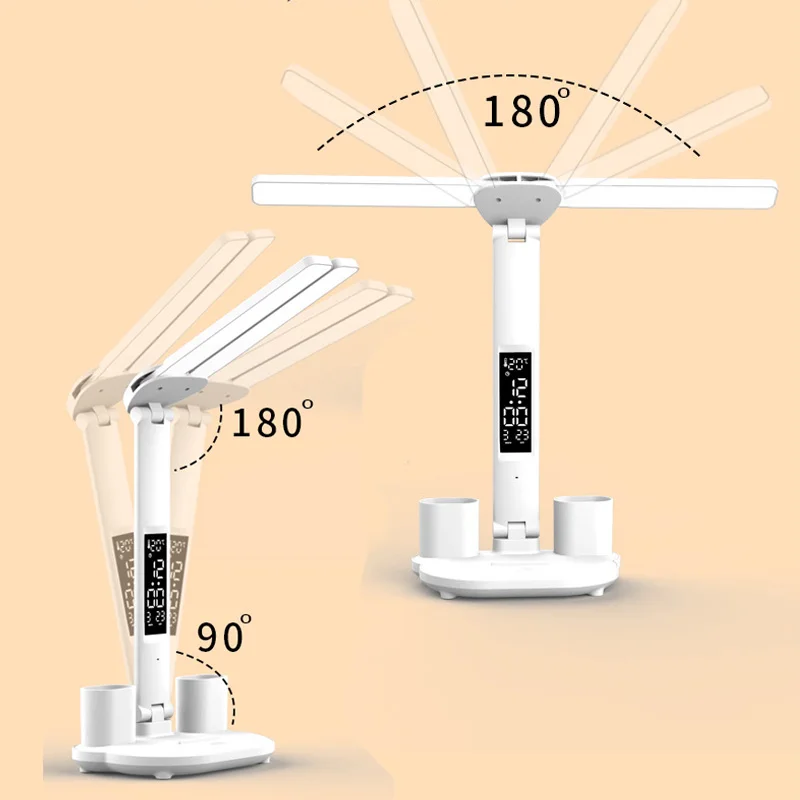 Tafellamp LED tweekoppig multifunctioneel opvouwbaar Touch met kalenderklok USB-bureaulamp voor slaapkamer leeslamp naast het bed