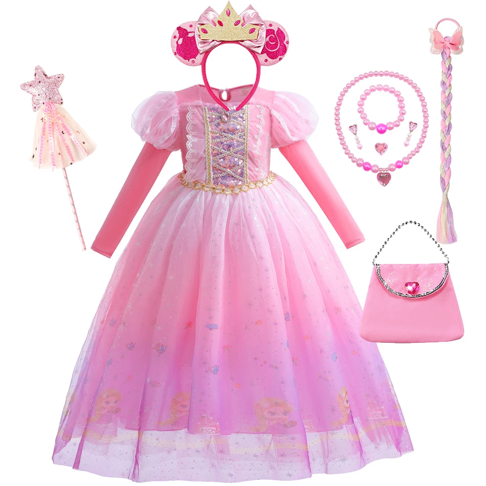 Winter Velvet Rapunzel Dress Girls Disney Carnival Purim Sequin Lace Gradient Pink Tulle Frocks 2-8 Yrs Birthday Surprise Gift