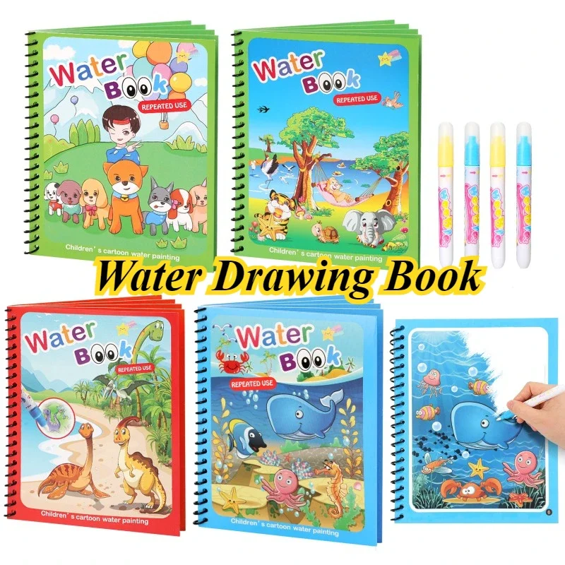 Children Magical Water Coloring Books Kids Drawing Toys Reusable Magic Water Book with Pen Baby Montessori Early Educational Toy