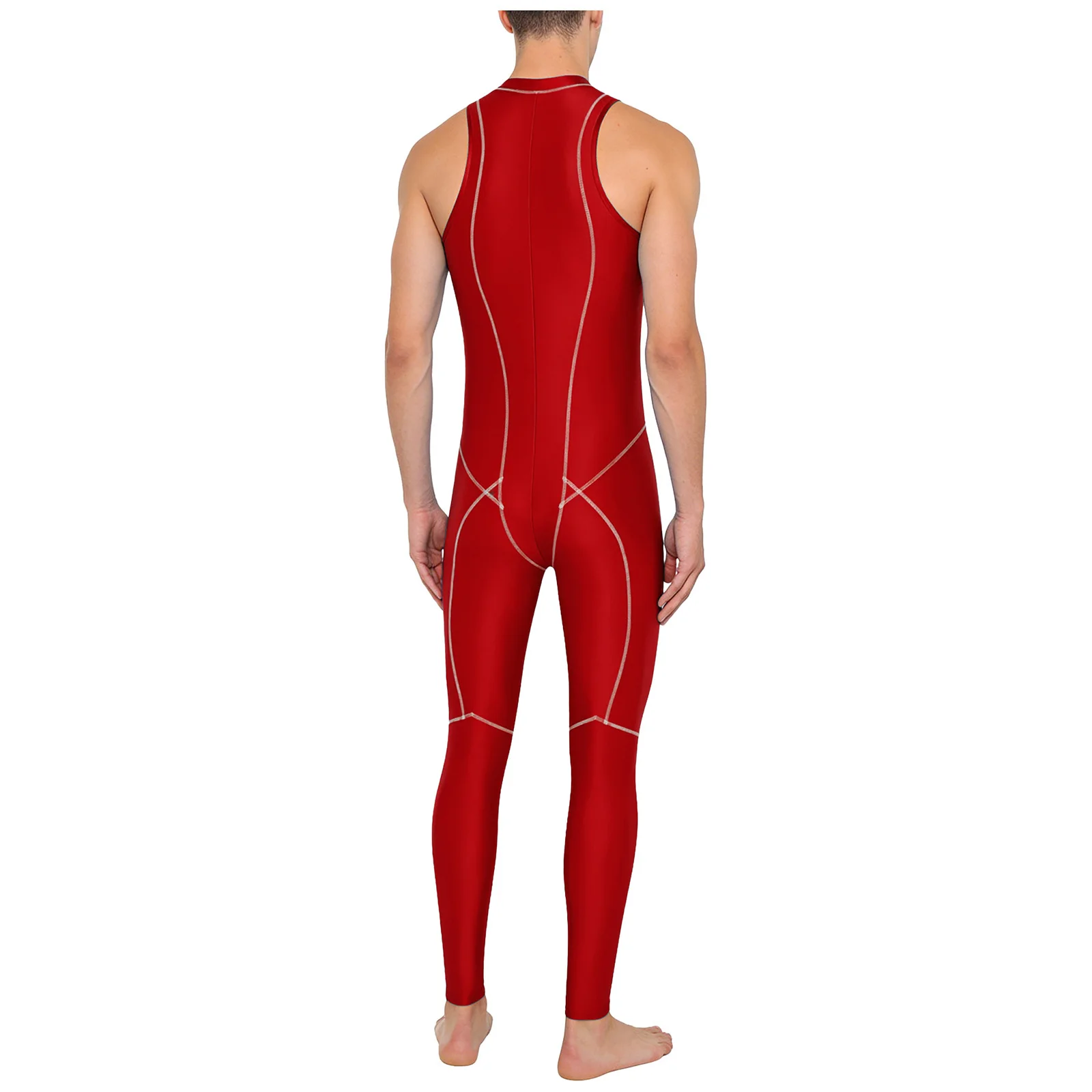 Mens Oil-shiny Unitard Swimwear Swimsuit Ront Zipper Sleeveless Leggings Pants Flat Seams Jumpsuit Rompers Clubwear Bathing Suit