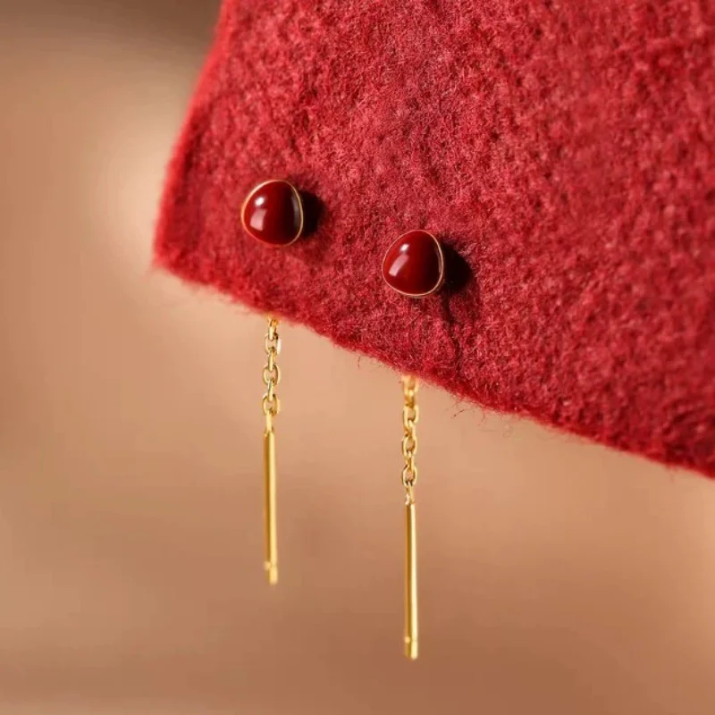 WANTME 925 Sterling Silver Fashion Simple Red Enamel Threader Earrings for Women Exquisite Unique Party Ear Line Jewelry Gift