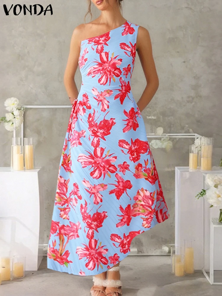 

VONDA Plus Size Women Sexy Long Dress Summer Off Shoulder Maxi Sundress Sleeveless Pleated Bohemian Floral Print Beach Vestido