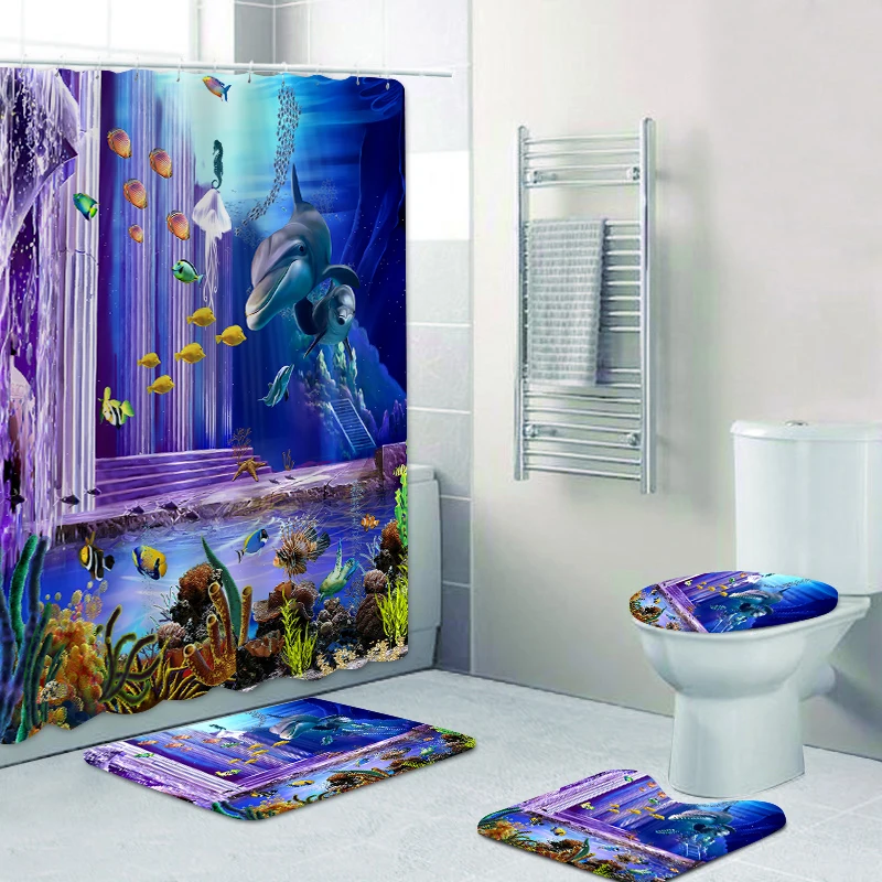 

Sea World Shower Curtain Bath Sets Waterproof Non-Slip Bathroom Rug, Toilet U With 12 Hooks Home Deco Free Ship