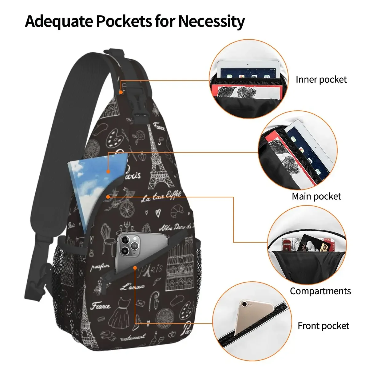 Eiffel Tower Sling Bags Chest Crossbody Shoulder Sling Backpack Hiking Travel Daypacks French Paris Cool Pack