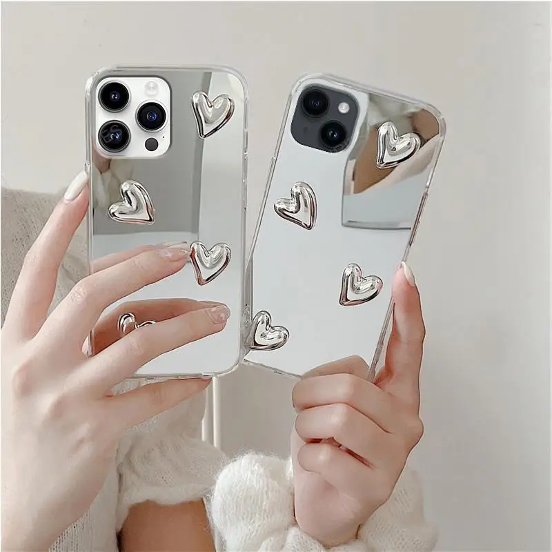 For Iphone 15 Pro Max 14 Plus 11 12 13 Mini XS XR X 8 7 SE Glossy 3D Love Heart Mirror Phone Case Iphone15 Cover 15Pro Iphone11